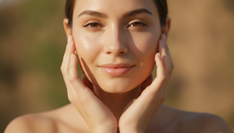 Woman with glowing skin touching her face gently