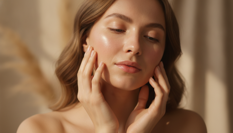 Woman with glowing skin touching her face showing natural radiance and healthy complexion