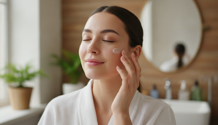 Woman with healthy glowing skin applying skin care for oily skin routine