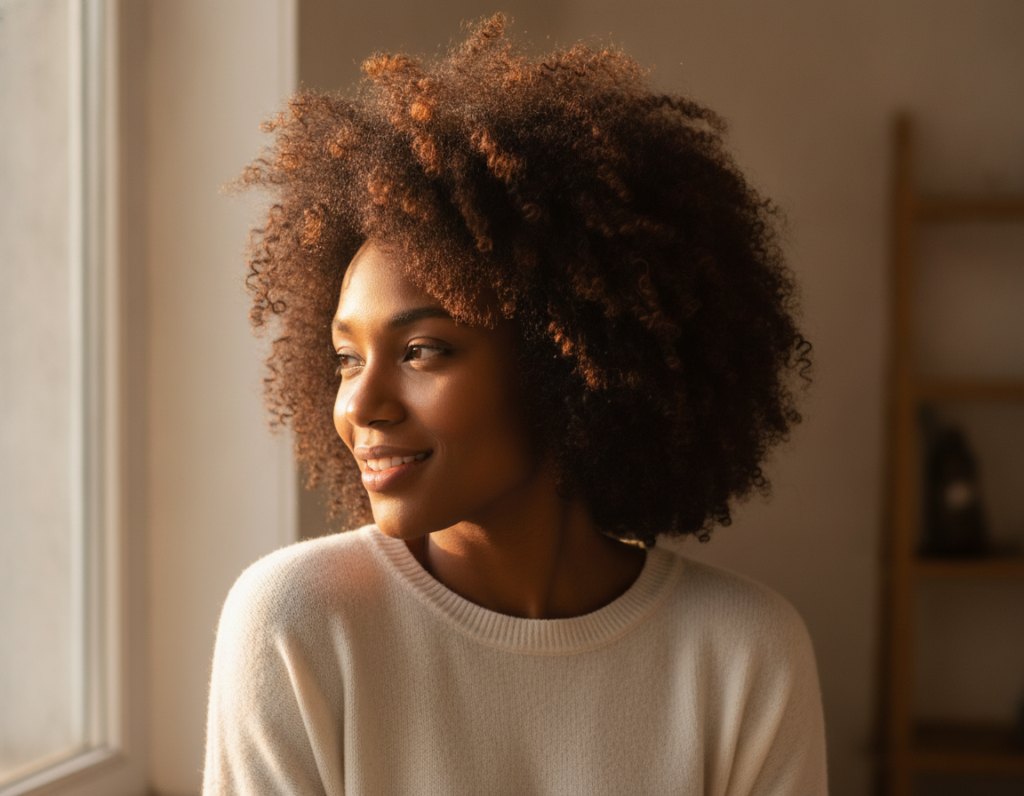 Woman with healthy natural hair showing retained length