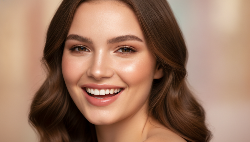 Woman with naturally glowing radiant skin showing transformation results