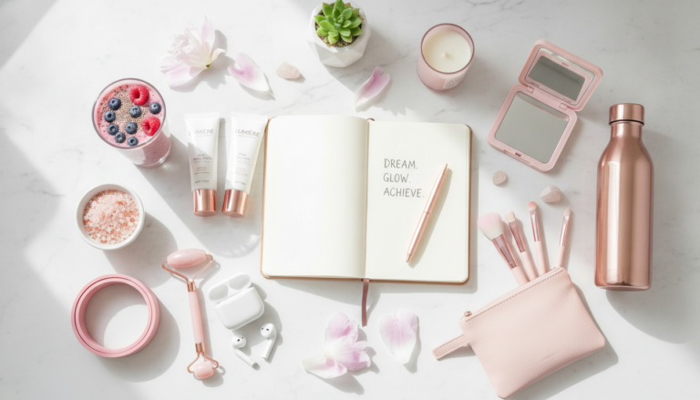 aesthetic glow up transformation journey with skincare and beauty products