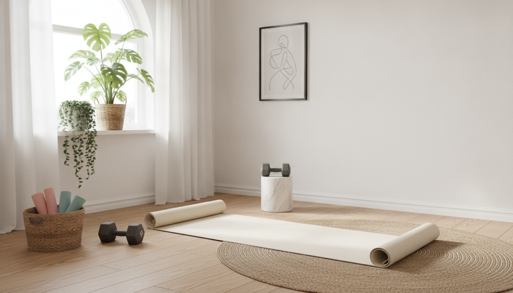 aesthetic home workout space with yoga mat and weights