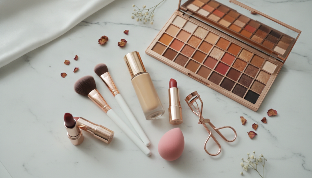 aesthetic makeup products and brushes arranged beautifully