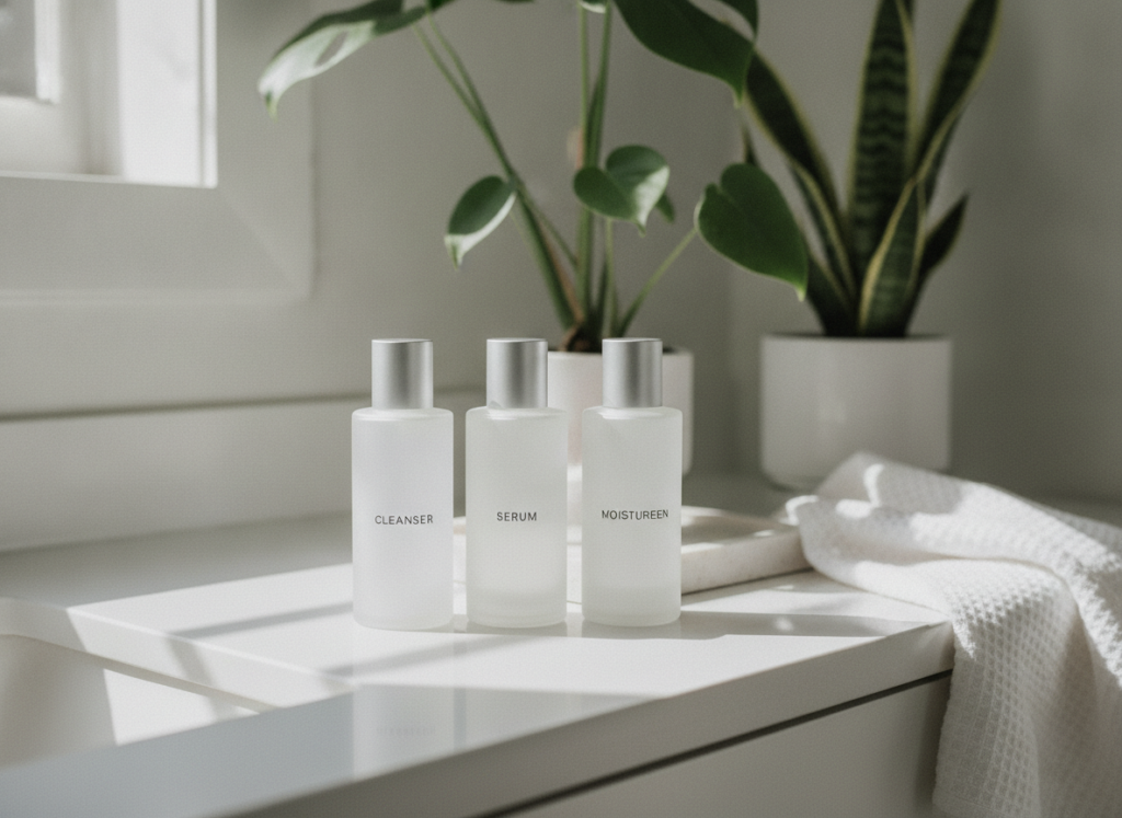 aesthetic skincare routine products arranged on bathroom counter
