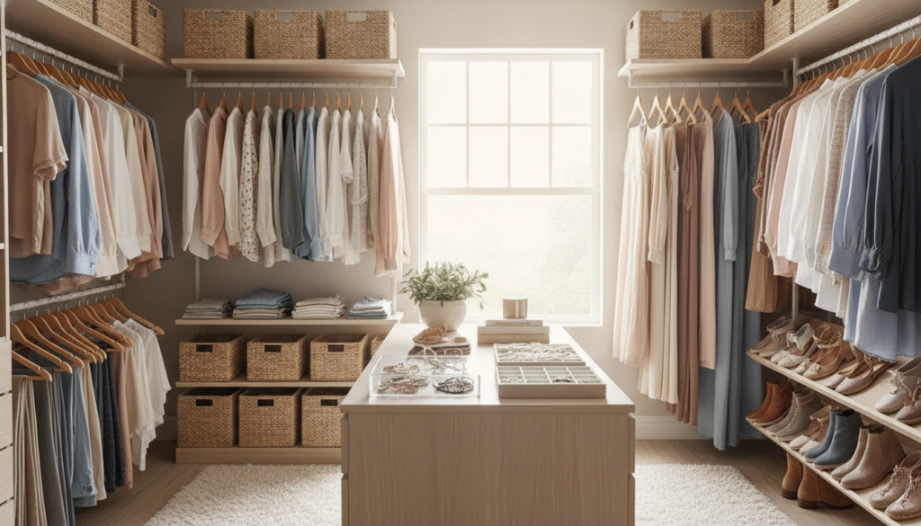 aesthetic wardrobe organization with stylish clothes