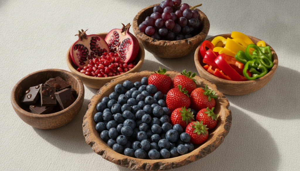antioxidant-rich berries and colorful fruits and vegetables for skin health