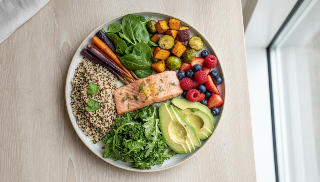 balanced healthy meal plate with colorful fruits vegetables proteins and healthy fats for glowing skin