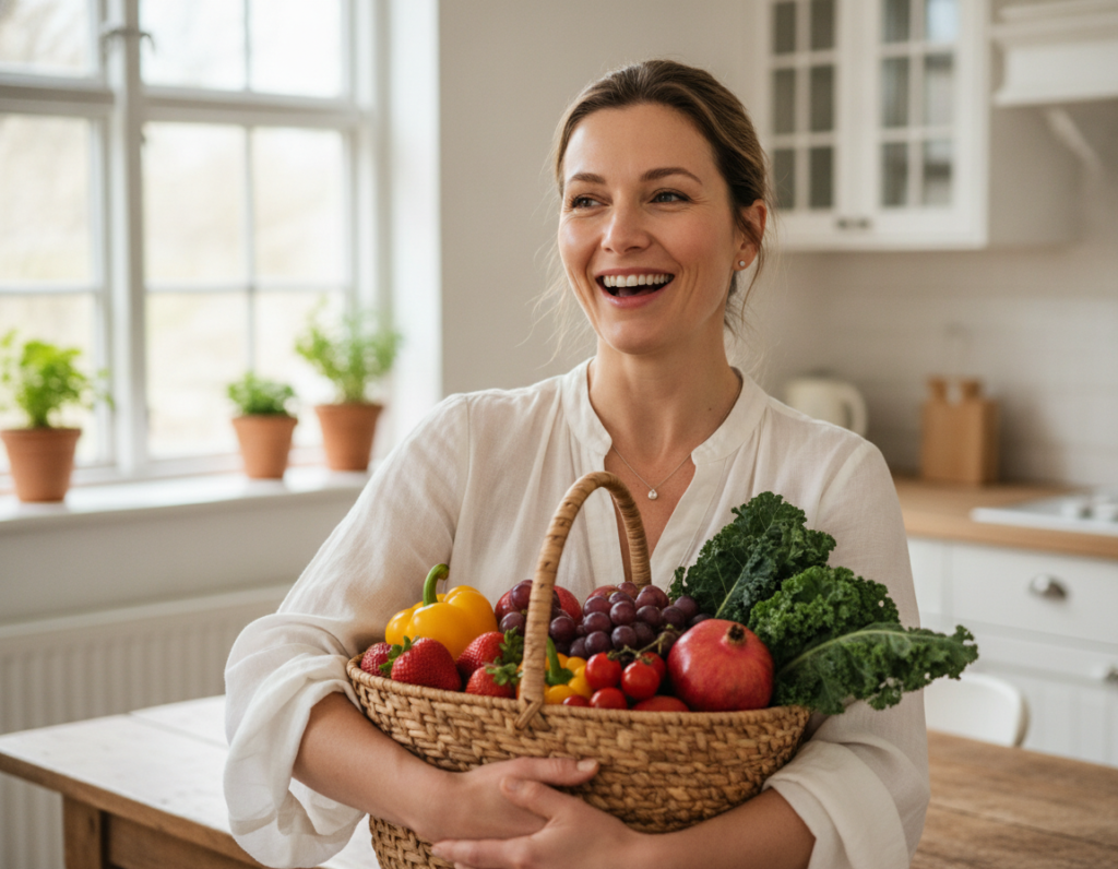 beautiful woman with glowing radiant skin holding fresh fruits and vegetables