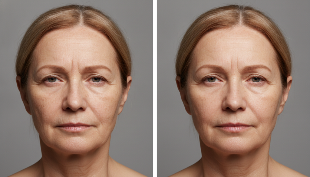 before and after comparison showing reduction in wrinkles and age spots