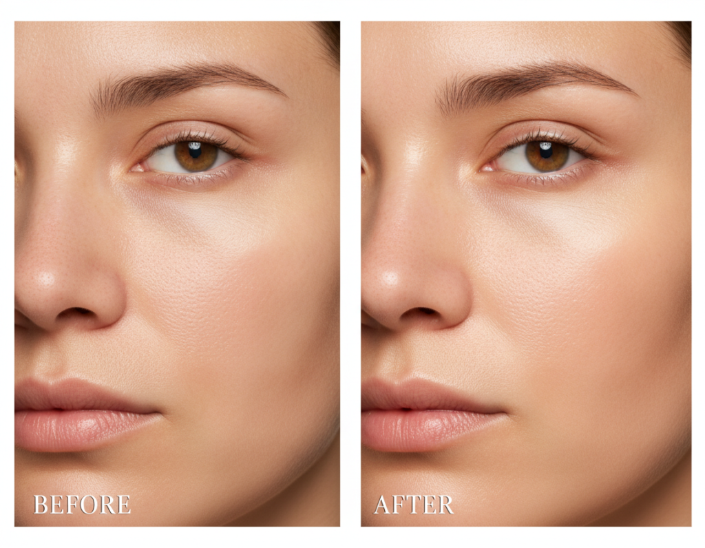 before and after comparison showing transformation to glowing radiant healthy skin
