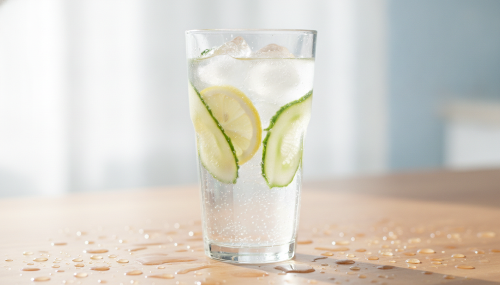 clear glass of fresh water with lemon slices cucumber for skin hydration and health