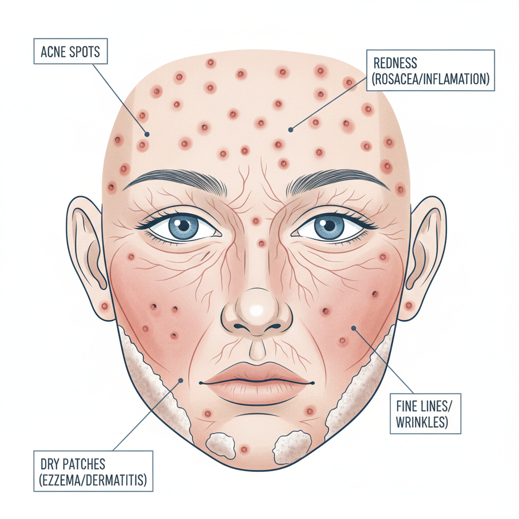 close-up of various skin conditions on face diagram close-up of various skin conditions on face diagram