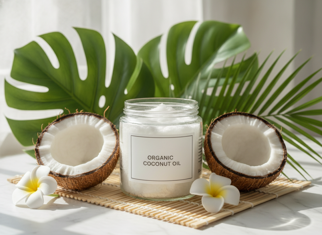 coconut oil in jar with fresh coconut for skin care