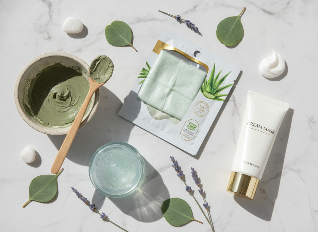 collection of different face mask types for glowing skin on marble surface