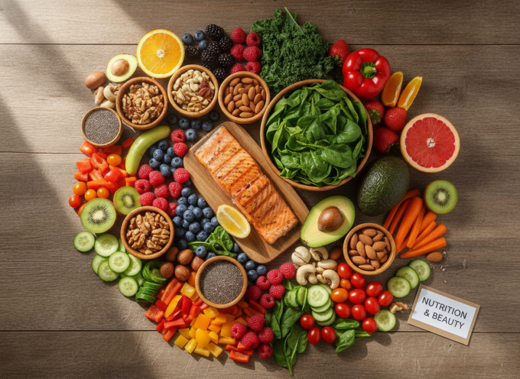 colorful array of fresh fruits vegetables nuts and seeds for healthy skin