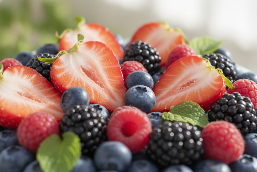 colorful assortment of fresh berries strawberries blueberries and raspberries rich in antioxidants for glowing skin