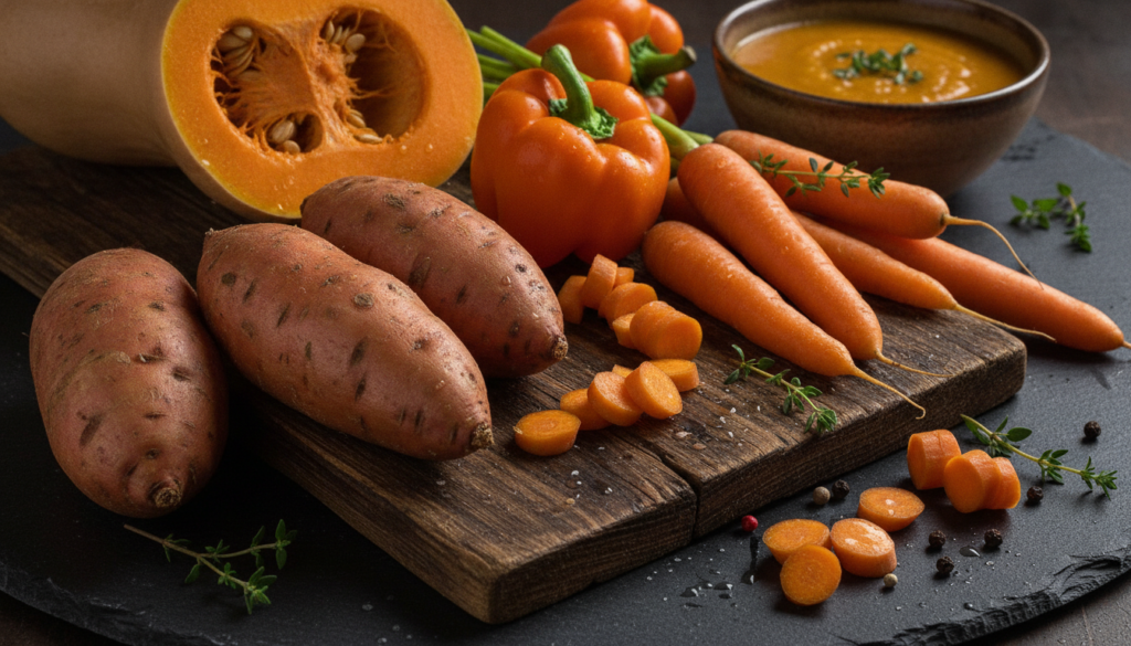 colorful sweet potatoes carrots and orange bell peppers rich in beta carotene for glowing skin