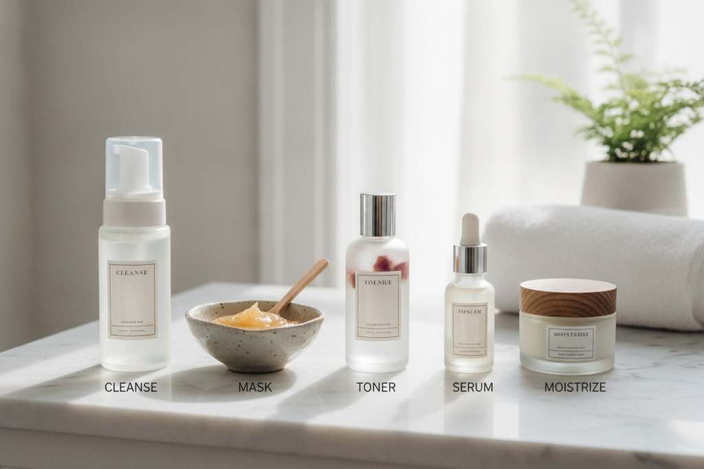complete skincare routine with honey face mask