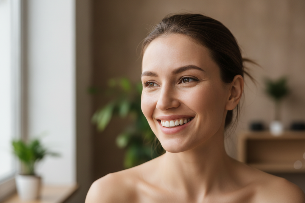 confident woman with beautiful clear natural skin smiling