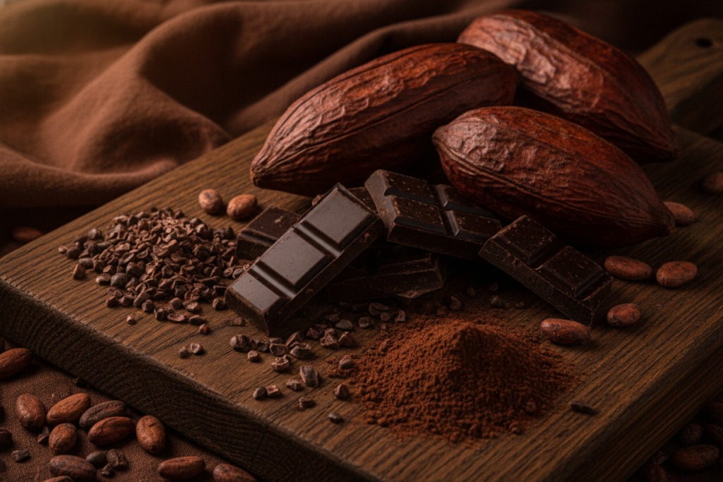 dark chocolate pieces and raw cacao nibs rich in antioxidants for healthy skin