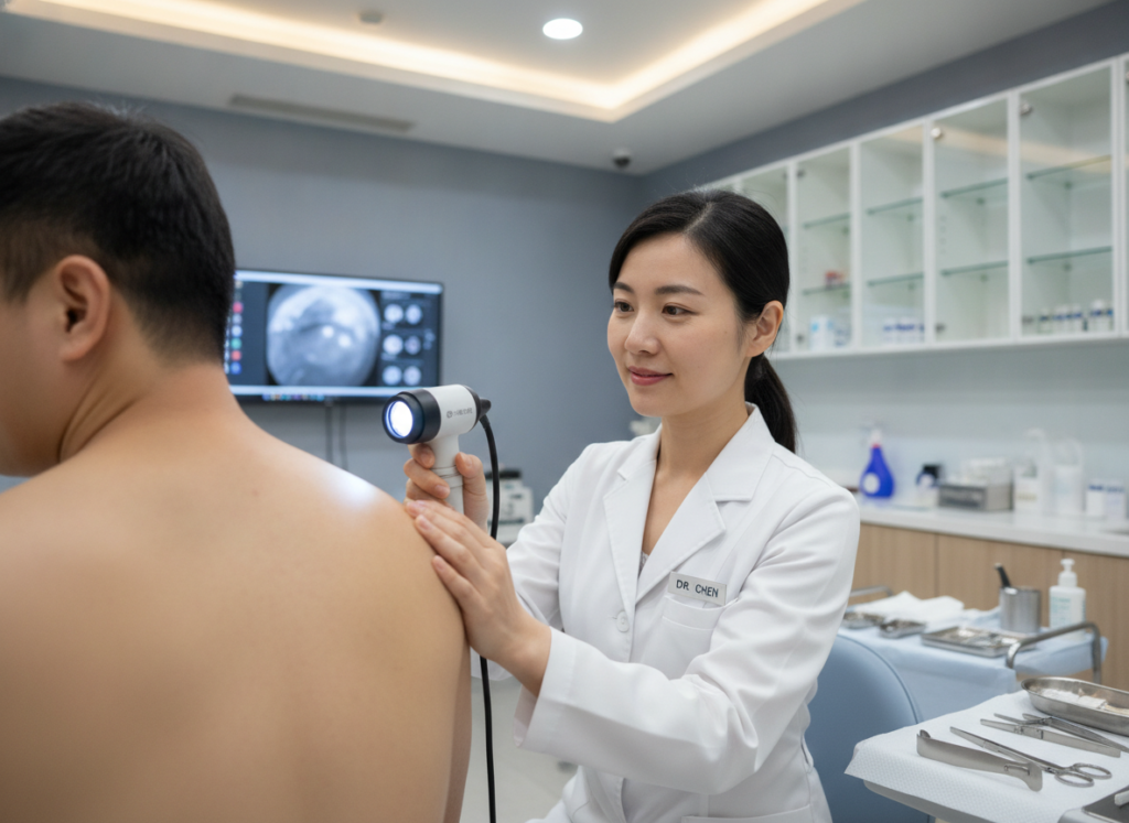dermatologist examining patient skin for healthy skin care
