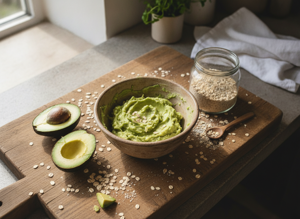 diy avocado face mask preparation with oats and ingredients