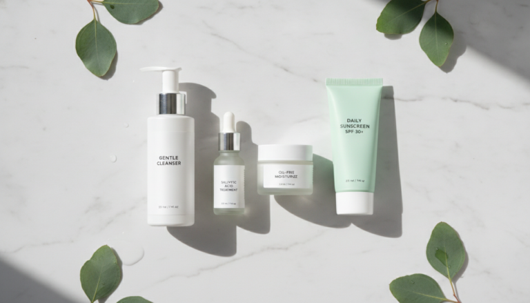 face care routine clear skin acne products arranged on clean surface
