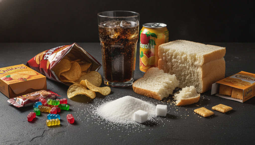 foods to avoid for healthy skin including processed foods and sugar