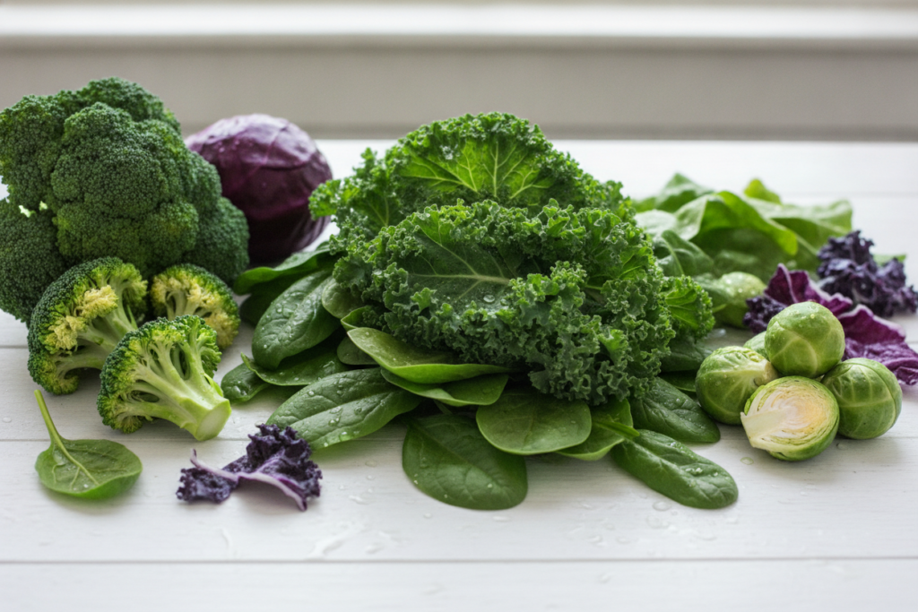 fresh leafy greens including spinach kale and broccoli packed with nutrients for healthy glowing skin