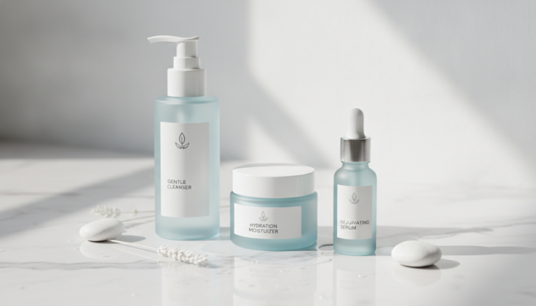 gentle skincare products for sensitive skin arranged on clean white background