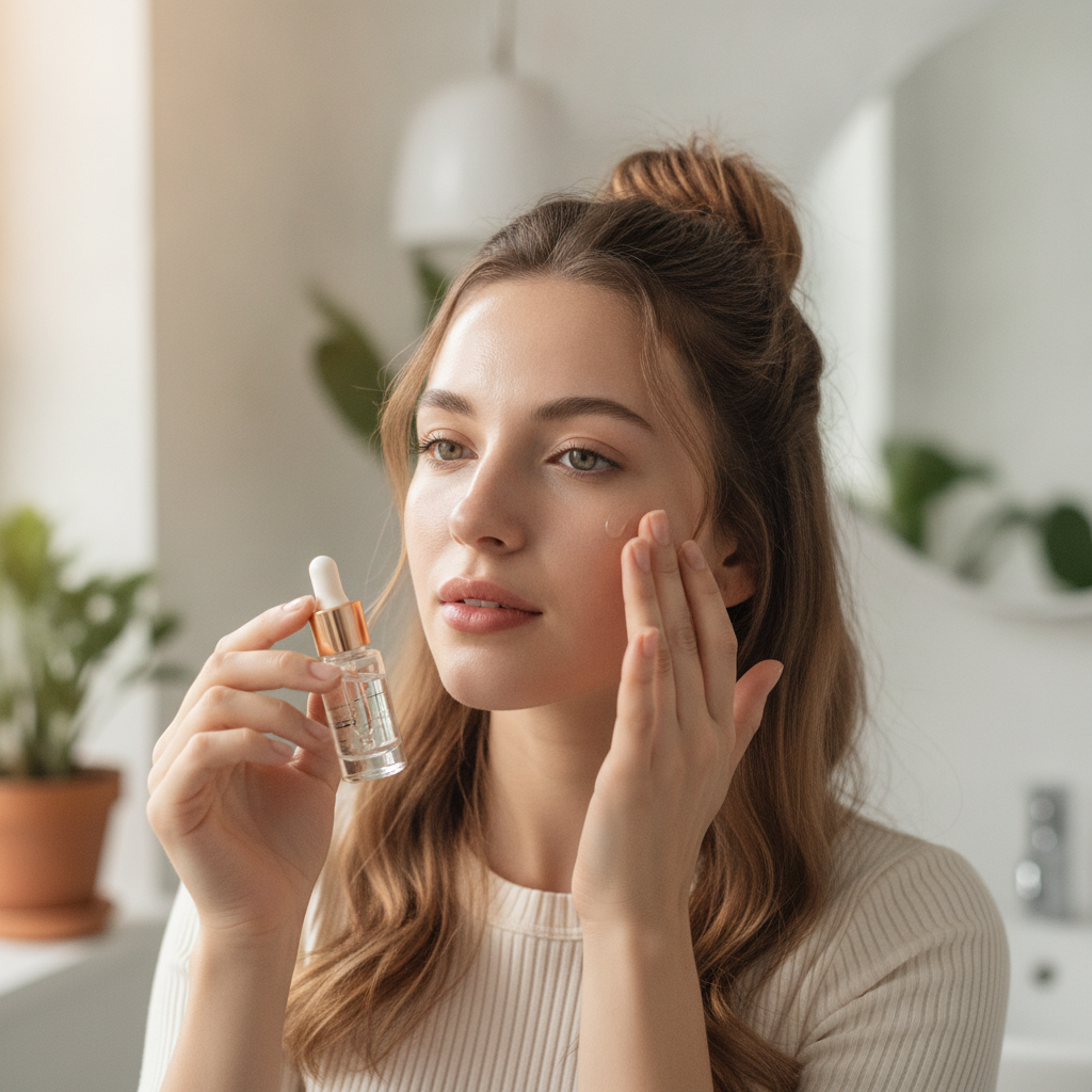 girl with glowing healthy skin applying skincare