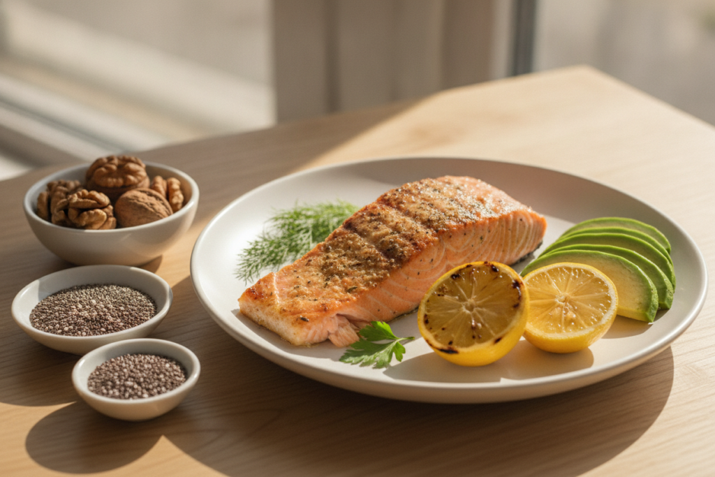 grilled salmon fillet with omega-3 rich foods including walnuts chia seeds and avocado for glowing skin