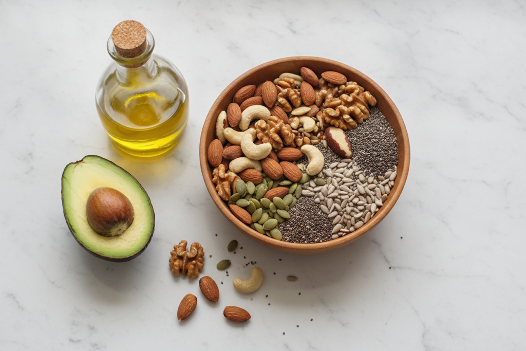 healthy fats including avocado, olive oil, nuts, and seeds for skin health
