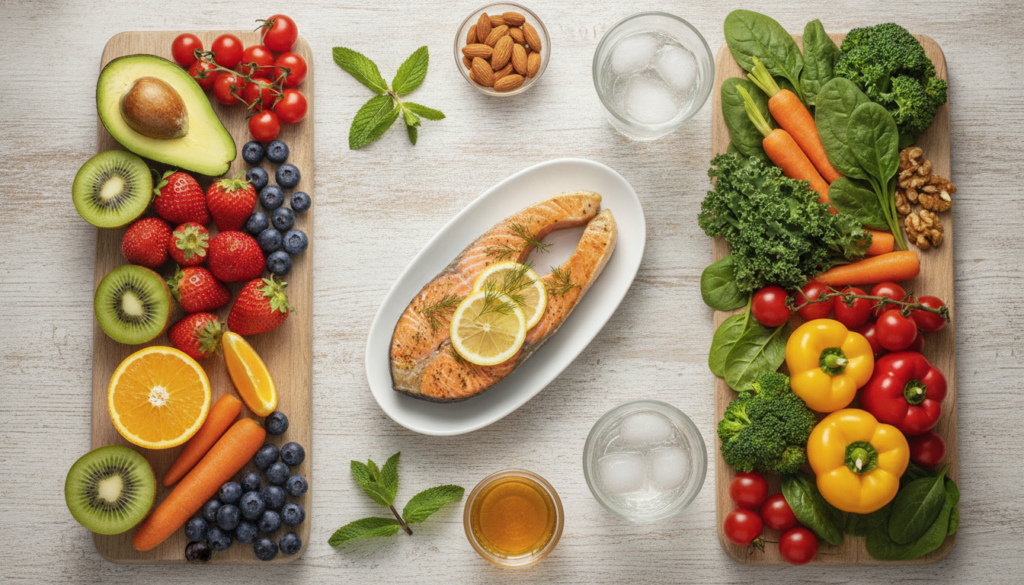 healthy foods and water for skin health and hydration
