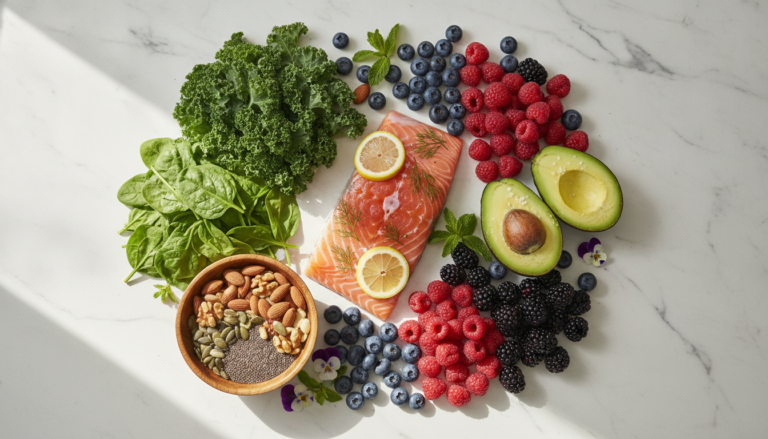 healthy foods for clear skin including salmon, avocado, berries, nuts and leafy greens arranged on marble surface