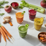 healthy juice drinks for skin featuring colorful fresh vegetable and fruit juices