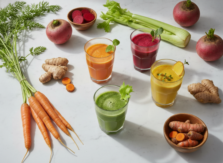healthy juice drinks for skin featuring colorful fresh vegetable and fruit juices