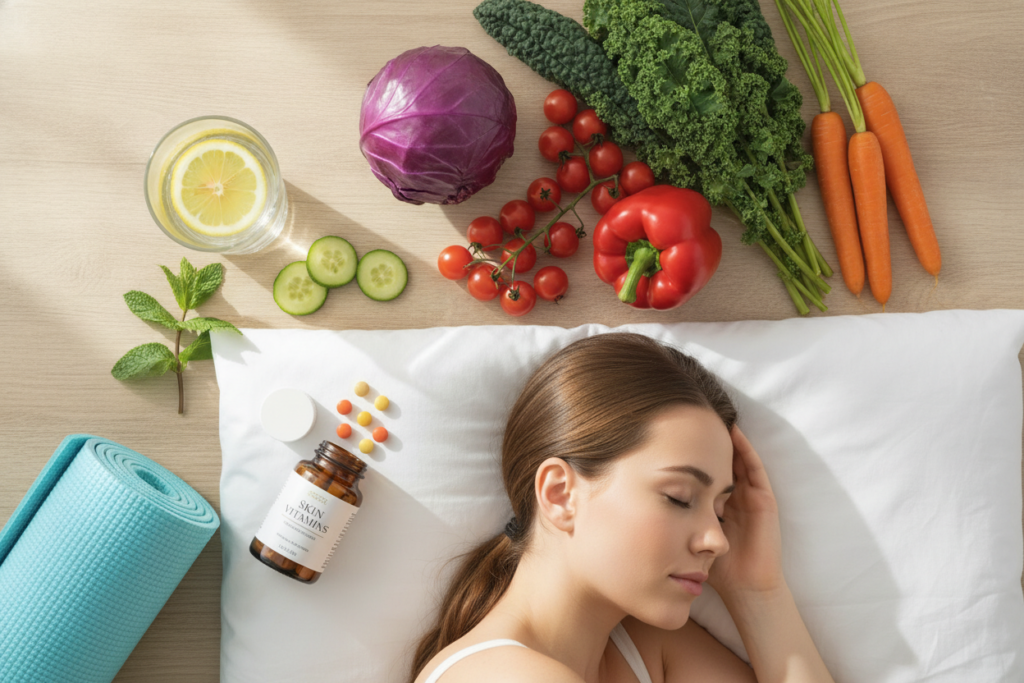 healthy lifestyle choices for clear skin including water and vegetables