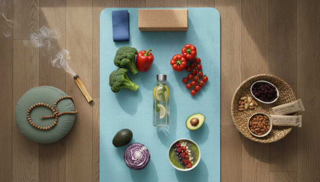 healthy lifestyle elements water bottle fresh vegetables woman exercising