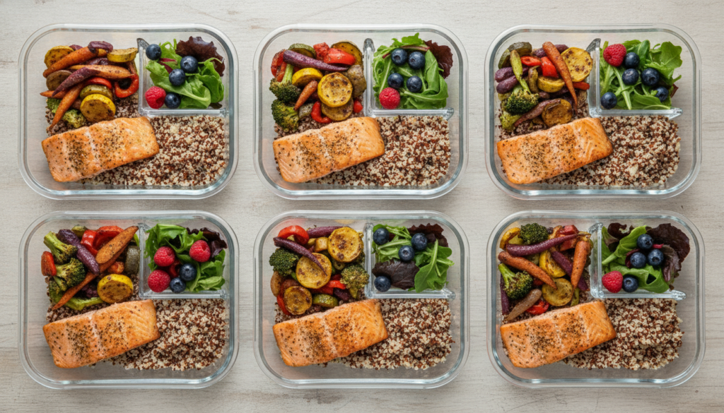 healthy meal prep containers with balanced meals for skin health