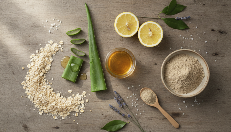 homemade face mask for acne clear skin natural ingredients arranged on wooden table
