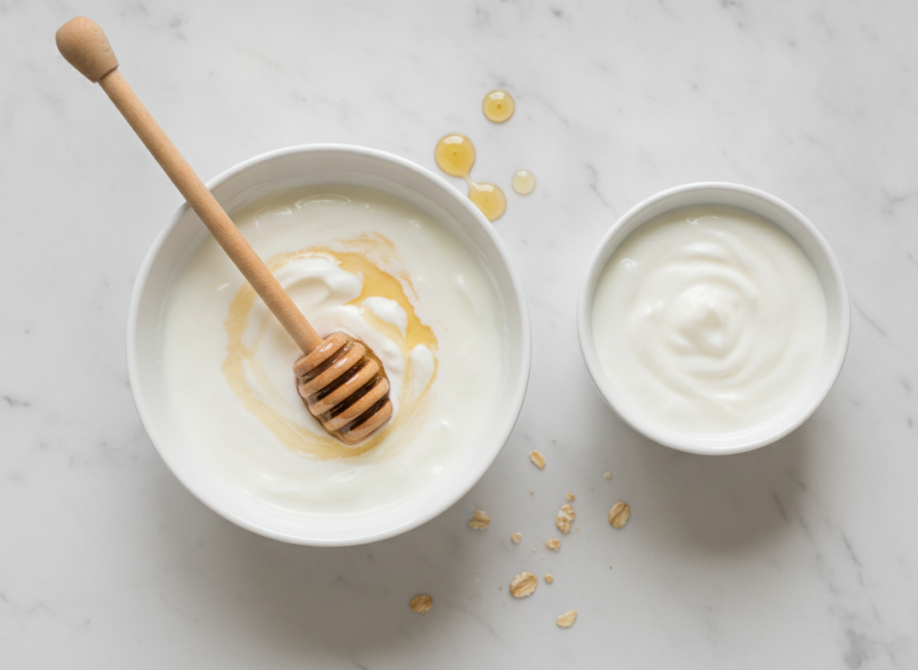 homemade face mask in bowl with honey and yogurt ingredients