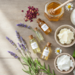 homemade skin care natural ingredients displayed on wooden table with essential oils and fresh botanicals
