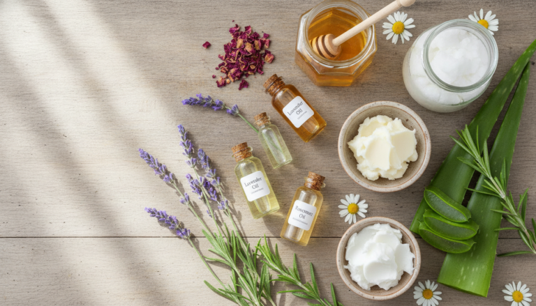 homemade skin care natural ingredients displayed on wooden table with essential oils and fresh botanicals