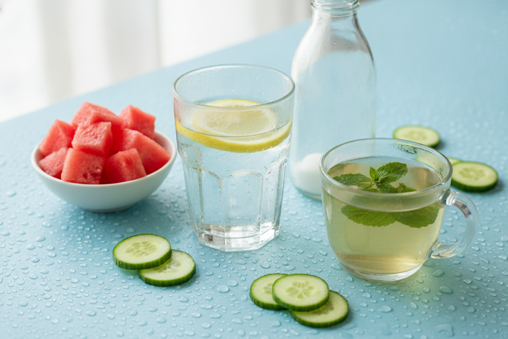 hydrating foods including cucumber, watermelon, and water for skin health