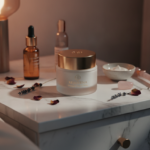 luxurious night cream jar on bedside table with soft evening lighting