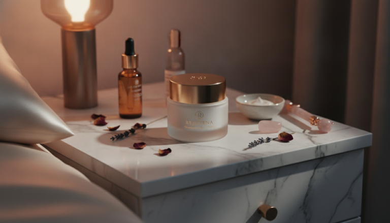 luxurious night cream jar on bedside table with soft evening lighting