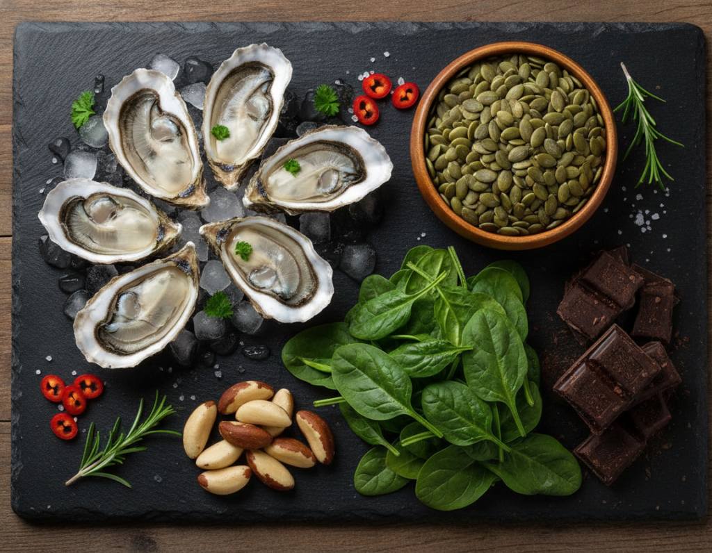 mineral-rich foods including shellfish, pumpkin seeds, and leafy greens for skin health