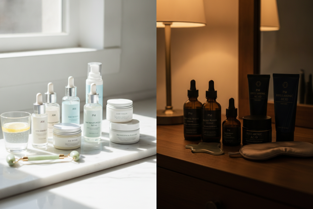 morning and evening skin care routine products side by side morning and evening skin care routine products side by side